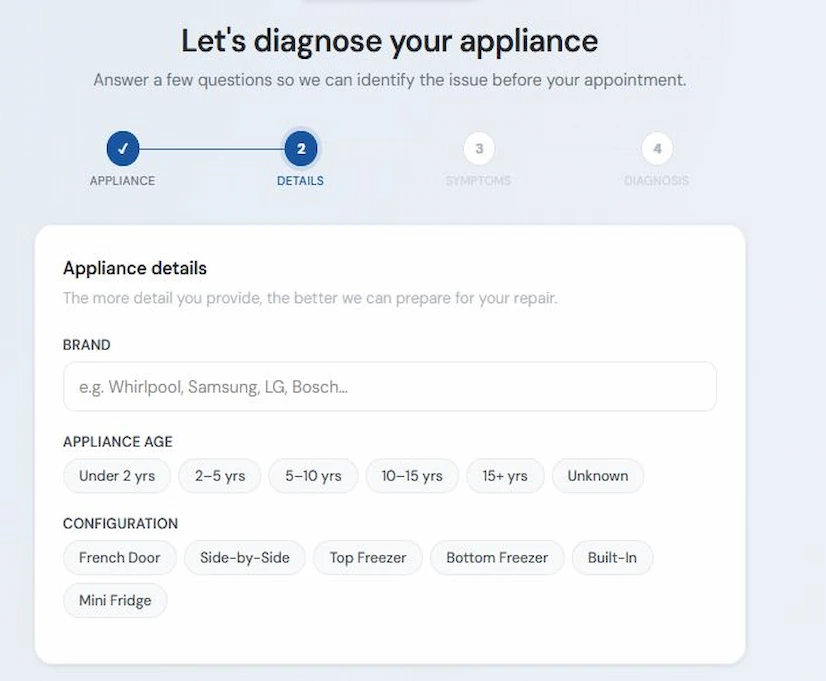 AI powered appliance diagnostic web application interface