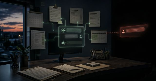 Illustration of a chatbot interface floating above the monitor at a small business