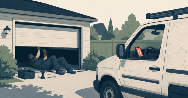 An illustration of a San Diego small business owner busy repairing a garage door, unable to answer while customers attempt to call