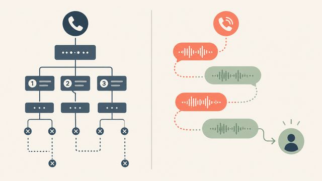 A side-by-side illustration portraying an archaic phone dialogue tree vs. a streamlined AI receptionist conversation implemented by Mindstate Strategy
